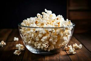 Popcorn in the glass bowl on old wooden background photo