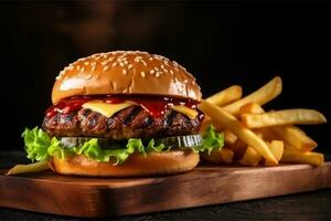 hamburguesa con francés papas fritas en negro Roca antecedentes foto