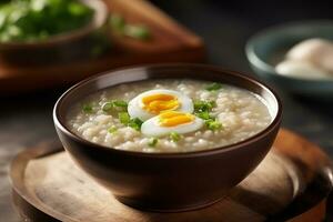 Porridge rice gruel with boiled eggs in bowl on table photo