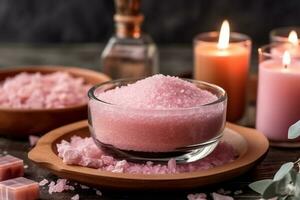 Salt in glass bowl with candle and herbal for spa photo