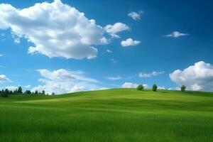 Green meadows on hill with blue sky photo