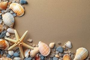 Top view of sandy beach with shells and starfish photo