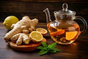 Ginger tea and ginger on wooden background photo