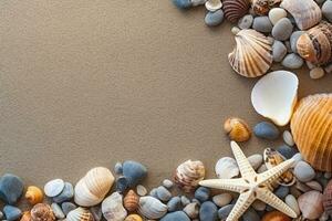 Top view of sandy beach with shells and starfish photo