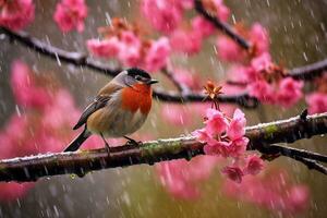 Bird on sakura branch with rainy photo