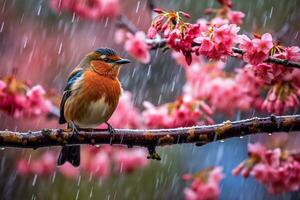 pájaro en sakura rama con lluvioso foto
