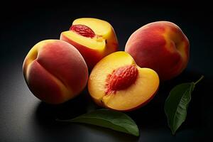 Fresh peaches on color background photo