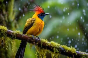 Bird on branch with rainy in the forest photo