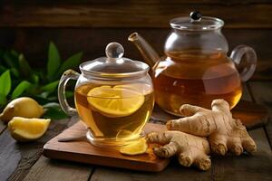 Ginger tea and ginger on wooden background photo