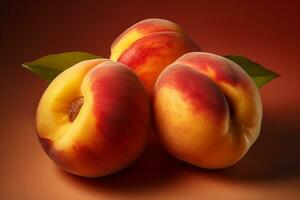 Fresh peaches on color background photo