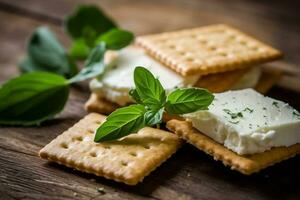 Crackers with cream cheese ,mint leaf in the wooden background photo