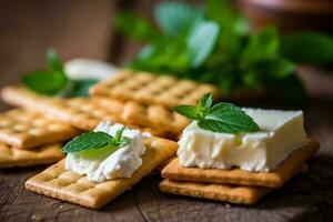 Crackers with cream cheese ,mint leaf in the wooden background photo