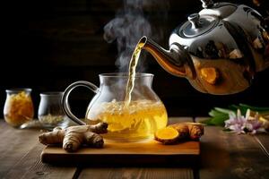 Ginger tea and ginger on wooden background photo