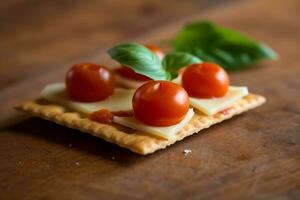 Crackers with cheese ,tomato in the wooden background photo