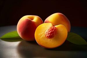 Fresh peaches on color background photo