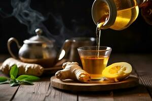 Ginger tea and ginger on wooden background photo