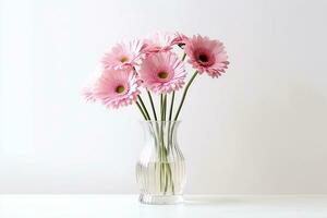 Blooming pink gerbera in glass vase isolated on white background photo