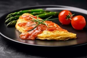 Omelette white plate with tomato,rosemary,asparagus on black stone background photo