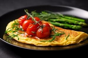 Omelette white plate with tomato,rosemary,asparagus on black stone background photo