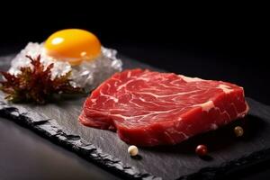 Raw beef and egg yolk with hard on black stone background photo