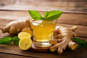 Ginger water in glass with ginger on wooden table background photo