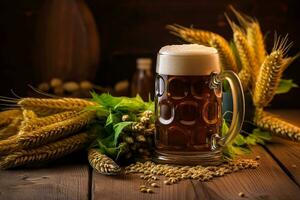 Beer with ears of wheat on wooden background photo