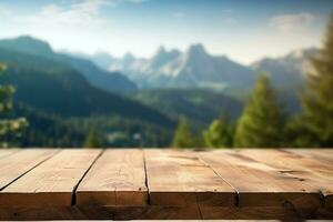 Empty wooden table with mountain view and blue sky background photo