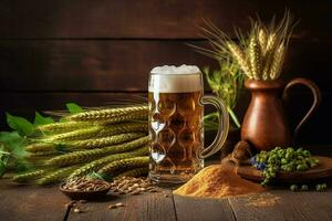 Beer with ears of wheat on wooden background photo