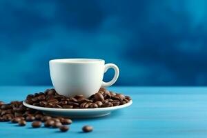 Coffee cup with coffee bean on the wooden table background photo