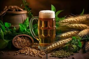 Beer with ears of wheat on wooden background photo