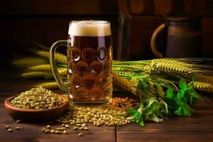 Beer with ears of wheat on wooden background photo