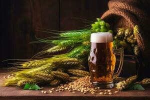 Beer with ears of wheat on wooden background photo