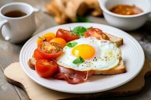 brindis y jamón, Tomates, verduras, con frito huevo y caliente café en blanco de madera antecedentes foto