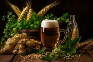 Beer with ears of wheat on wooden background photo