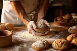 Closeup hands preparing cake and bread in the kitchen photo