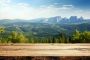 Empty wooden table with mountain view and blue sky background photo