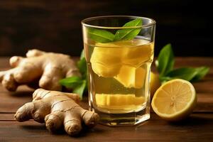 Ginger water in glass with ginger on wooden table background photo