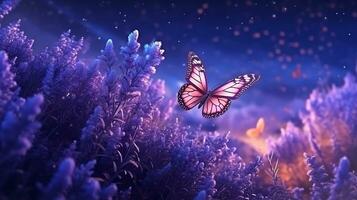 Fantasy landscape of blooming lavender flowers,butterfly glow photo