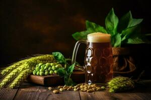 Beer with ears of wheat on wooden background photo