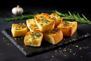 Garlic bread with herb on black stone background photo