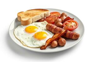 Fried eggs with bacon and sausage isolate  on white background. photo