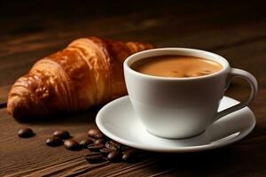 White coffee cup and fresh croissants on wooden background photo