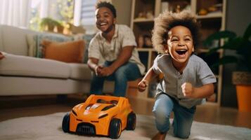 Father, son and playing at home with pretend car in a box on moving day in new property photo