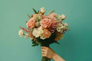 mujer sosteniendo ramo de flores foto