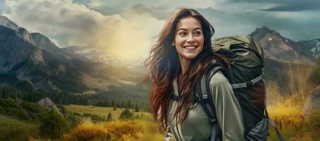 Woman in the mountains with backpack photo