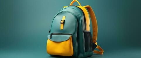 Blue and yellow school backpack background photo