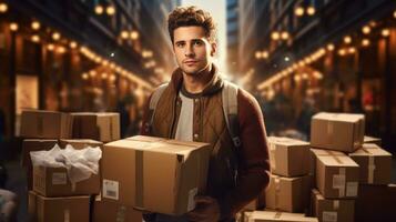 Moving man with boxes photo