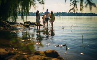 A family spend time near river together photo