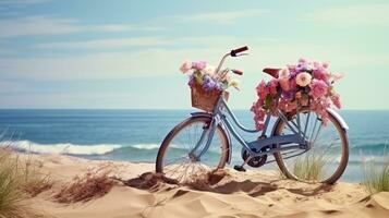 Bicycle with a basket sits on top of sand near the ocean photo