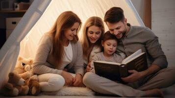 Happy family reading together photo
